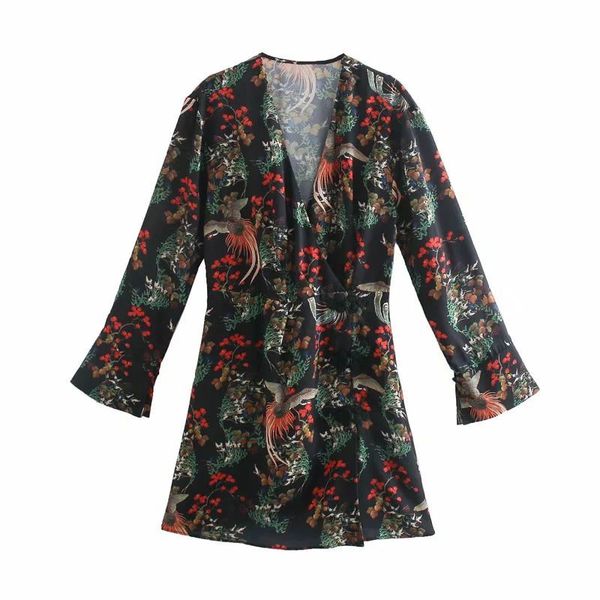 

women chinese-style printed dress v-neck long sleeves short vintage elegant chic lady fashion woman es 210420, Black;gray