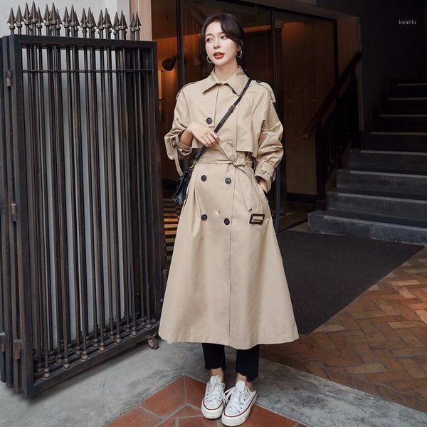 

women's trench coats nice classic khaki coat women double-breasted long with belt spring autumn lady duster female outerwear quality, Tan;black
