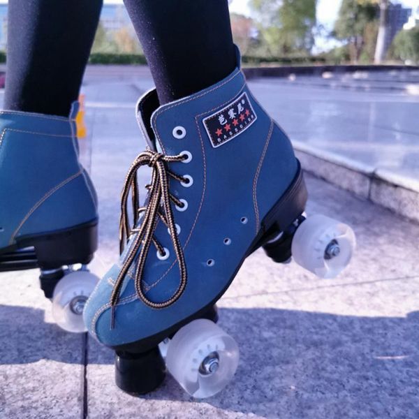 

inline & roller skates blue black leather shoes on 4 wheels flash skating woman man sports patines sneaker europe size 36-45