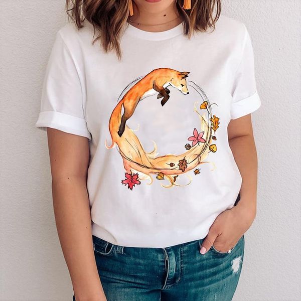

graphic cartoon 90s korean womens t shirts short sleeve fox animal clothes clothing tees print female shirt, White