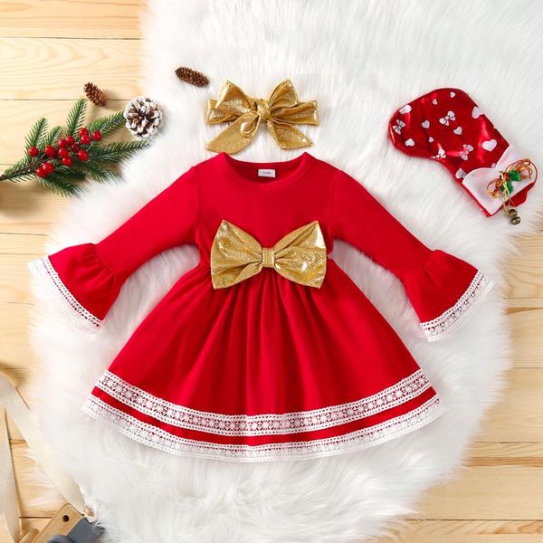 

girl's dresses toddler baby girls dress flare sleeve christmas xmas party lace bowknot princess year red for, Red;yellow
