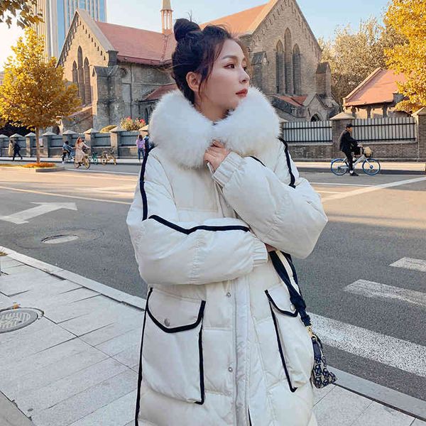 

women's down & parkas winter new style loose thick mid-length down padded jacket with big fur collar hooded women 980e, Black