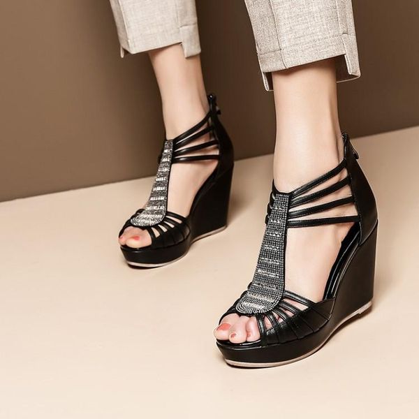 

women gothic punk rock sandals genuine cow leather peep toe t strap gladiator lady shoes crystal wedge high heel, Black