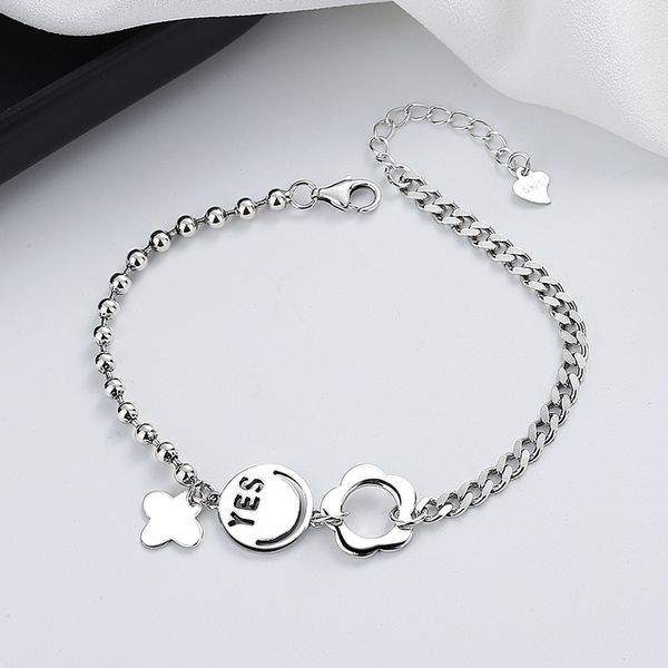 

chaosheng s925 sterling silver splicing design smiling face letter hollowed out flower bracelet korean version cool style accessories, Golden;silver