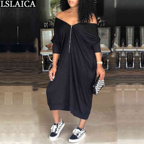 

dresses solid color loose zipper design fashion casual off shoulder spring summer plus size elegant women 210520, Black;gray