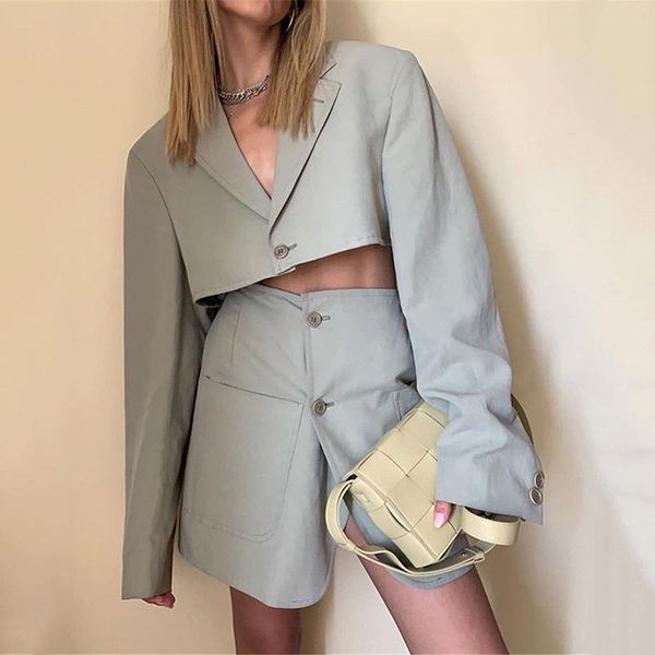

women's tracksuits autumn blazer and skirt suit women single button blazes mini skirts female 2 piece set fashion lady clothing, Gray