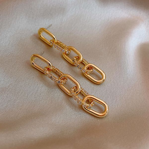

925 silver needle cold wind metal inlaid diamond chain earrings and earrings