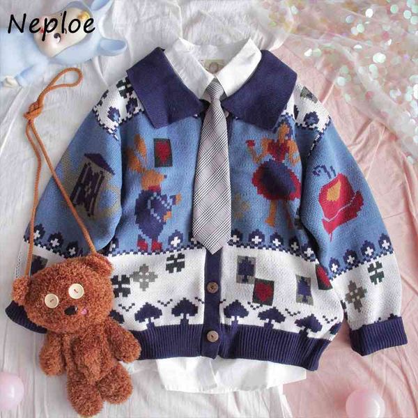 

neploe sweet turn-down collar sweater vintage cute preppy style cartoon pattern cardigan loose single breasted knitted coat 210423, White