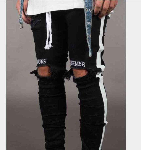 

men's jeans fashion mens jean street black holes white stripes hiphop skateboard pencil pants 41nb, Blue