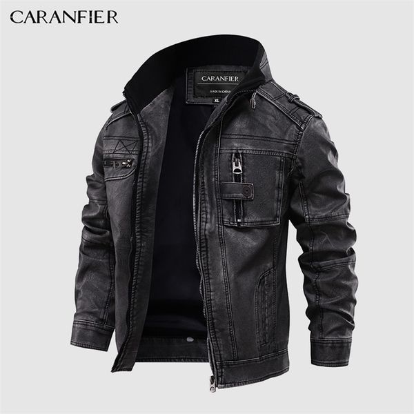 

caranfier mens leather jackets motorcycle stand collar zipper pockets male us size pu coats biker faux leather fashion outerwear 211119, Black