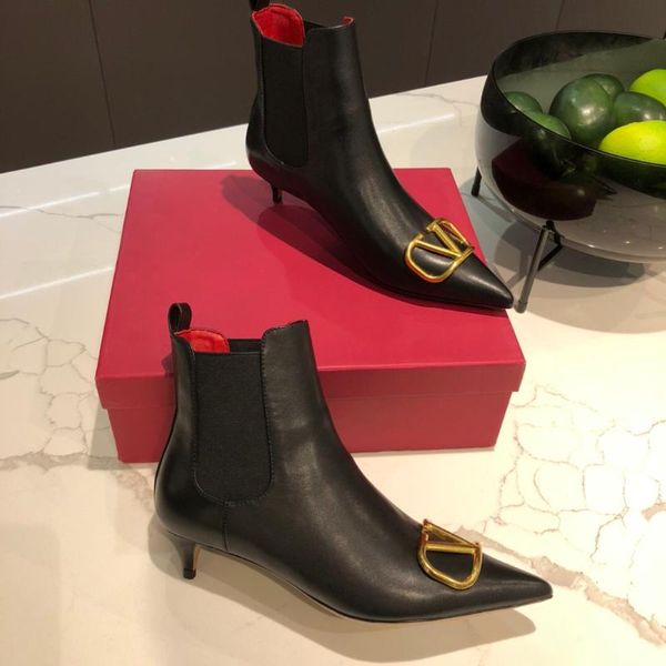 

boots autumn genuine leather ankle woman pointed toes thin heels metal decora zapatos de mujer, Black