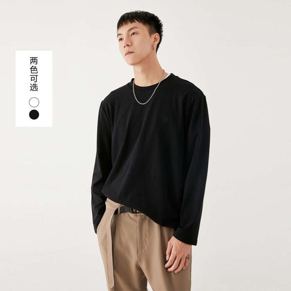 

yizhi wear modal black long sleeve men's autumn urban simple small embroidery casual t-shirt, White