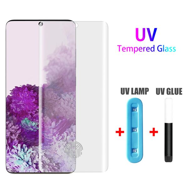 3D gebogener NANO-Flüssigkeitsschutz, vollständiger Kleber, gehärtetes Glas-Display mit UV-Licht für Samsung S23 S24 Ultra S22 S21 FE S20 S10 S9 S8 Plus Note 10 20 Huawei P50 P40 P30 Pro