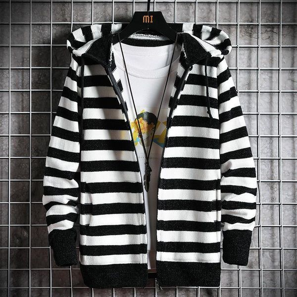 

men's sweaters knitted cardigan sweater winter stripe thickened hoodie fashion, White;black