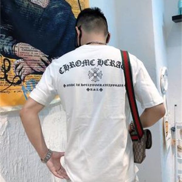 

fashion outlet 21ss chrome 21ss summer tide brand horseshoe cross sanskrit short sleeve men's and women's loose versatile t-shirt, White;black