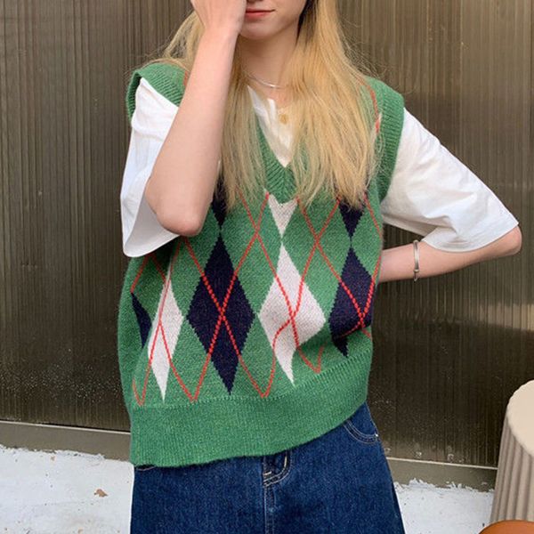 

autumn plaid sweater vest women v-neck knitted vest casual argyle sleeveless pullovers korean loose chaleco mujer, White;black