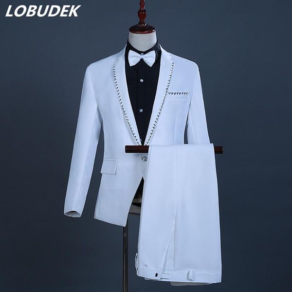 

men's suits & blazers white crystals formal singer host stage outfit wedding groom prom party performance costumes male chorus clothing, White;black