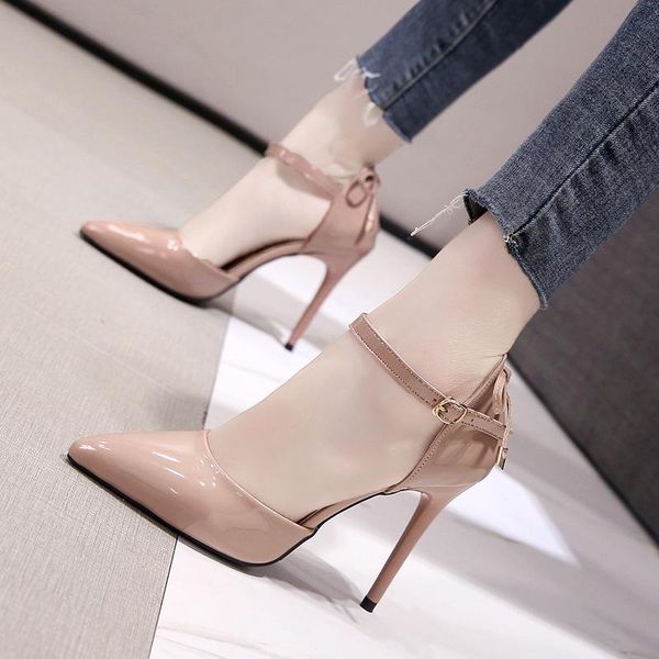

dress shoes fashion pointed pumps high heels with hollow bow and a word buckle wedding patent leather heel ladies, Black