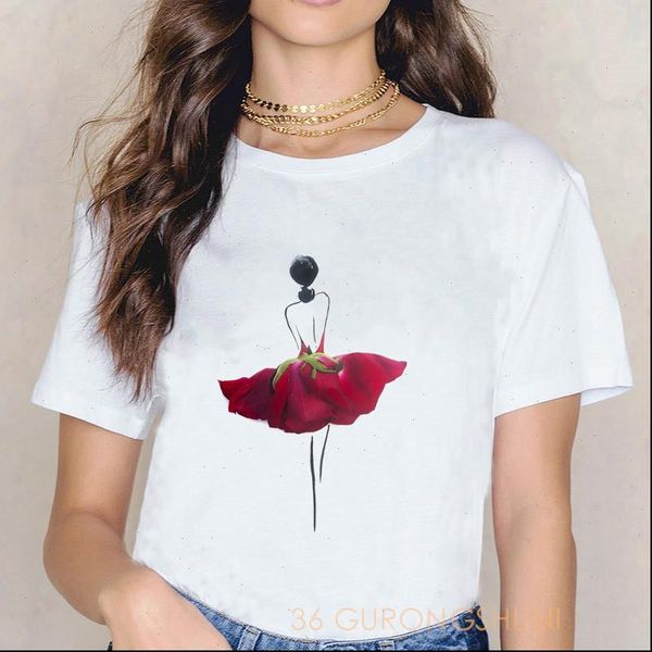

summmer fashion women t shirts illustration of flowers red rose skirt print shirt clothes femme harajuku, White