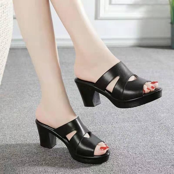 

slippers plus size summer tide retro women's sandals and thick-heeled mother high-heeled waterproof platform all-match casual, Black