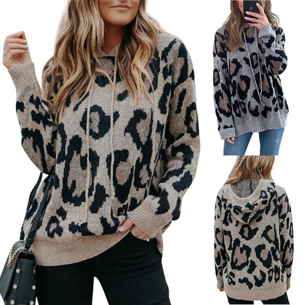 

women's sweaters 2021 autumn and winter leopard print hooded sweater mid-length casual loose pullover blouse women, White;black