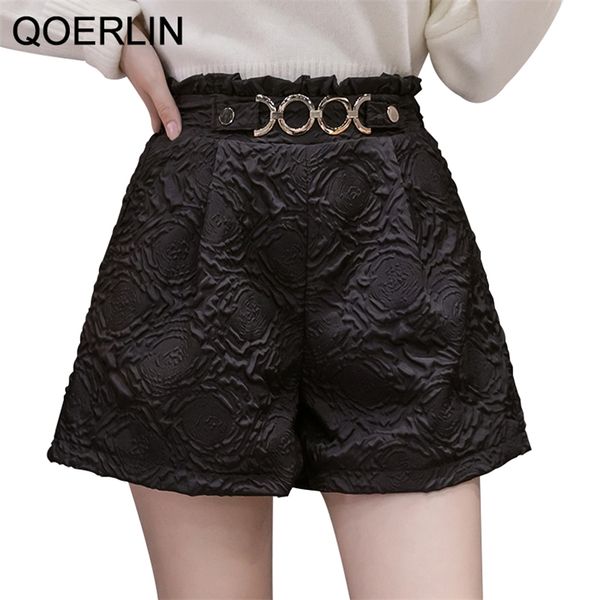 Schwarze Shorts mit hoher Taille, schicke Metallschnalle, plissiert, Jacquard, kurze Hose, Streetwear, Tasche, weites Bein, Stiefel, Plus 210601