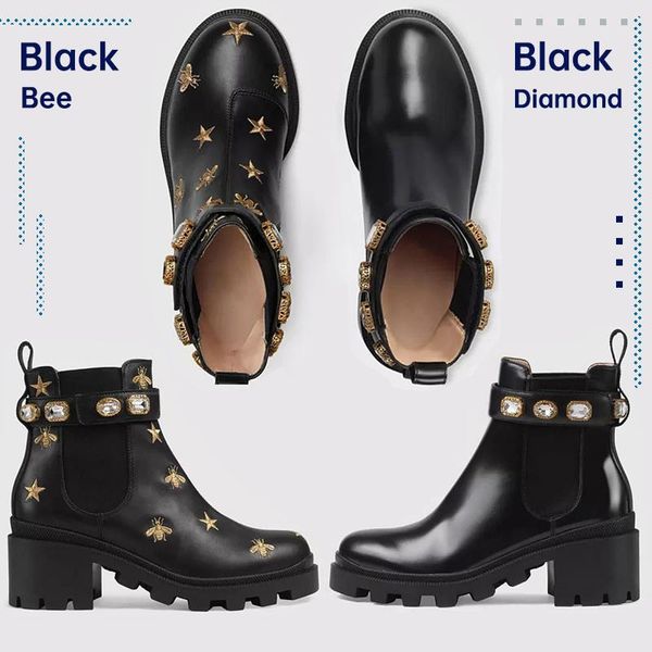 

classic leather designer thick-soled desert martin boots white bee star trail lace-up winter ladies high heel shoelace box eu35-41, Black
