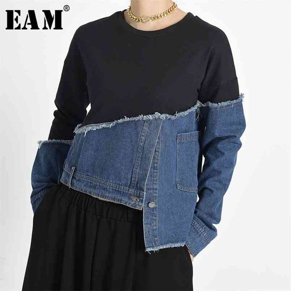 

[eam] loose fit black denim irregular sweatshirt round neck long sleeve women big size fashion spring 1m87901 210813