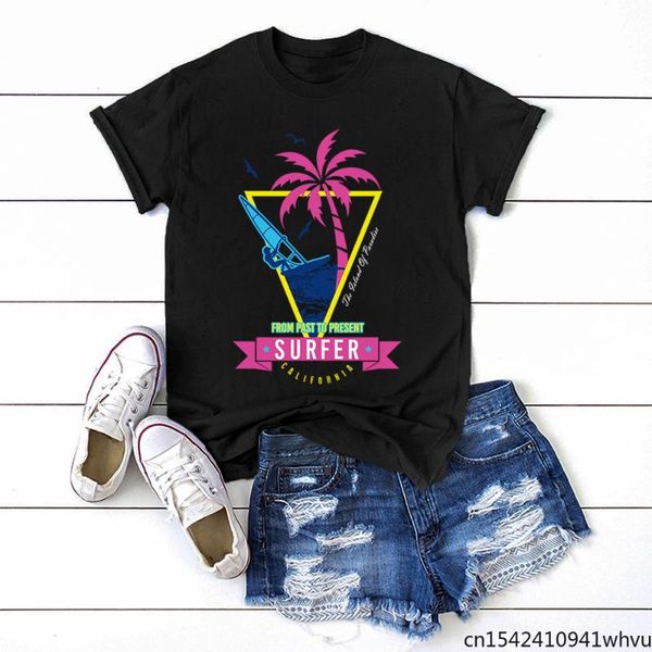 

women's t-shirt from past to present surfer cartoons printing short sleeve women t-shirts korean retro loose streetwear female, White