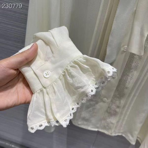 

women's blouses & shirts 2021 long flare sleeve runway designer blouse vintage elegant hollow out embroidery silk single breast, White