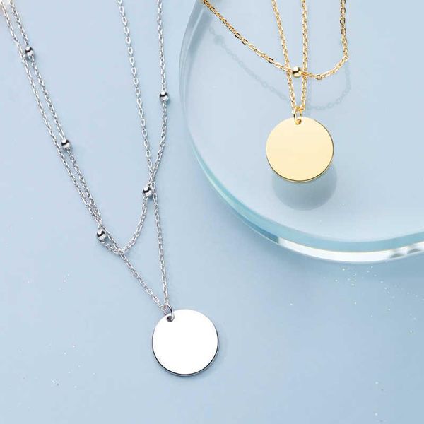 

s925 stamp silver color double layer round disc pendant necklace gold color bead chain charm for women jewelry
