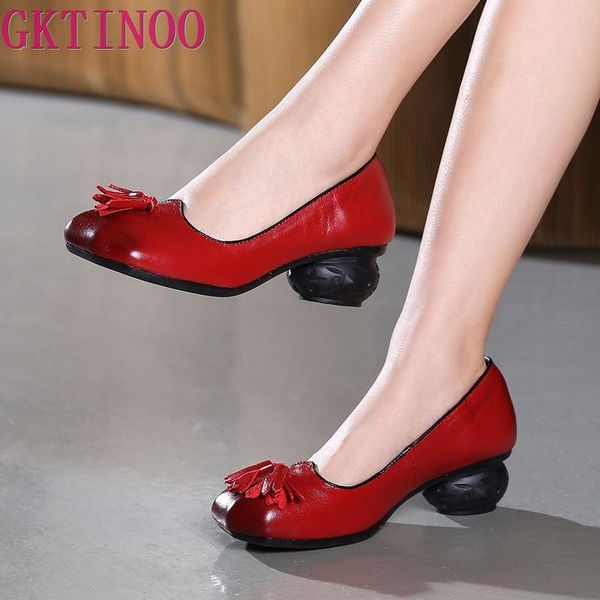 

dress shoes gktinoo 2021 ethnic style handmade women thick heels pumps round toe high genuine leather, Black