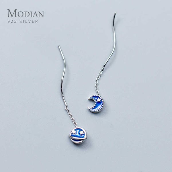 

charm enamel planet and moon drop earrings for women 925 sterling silver long chain exquisite luxury dangle ear jewelry 210707