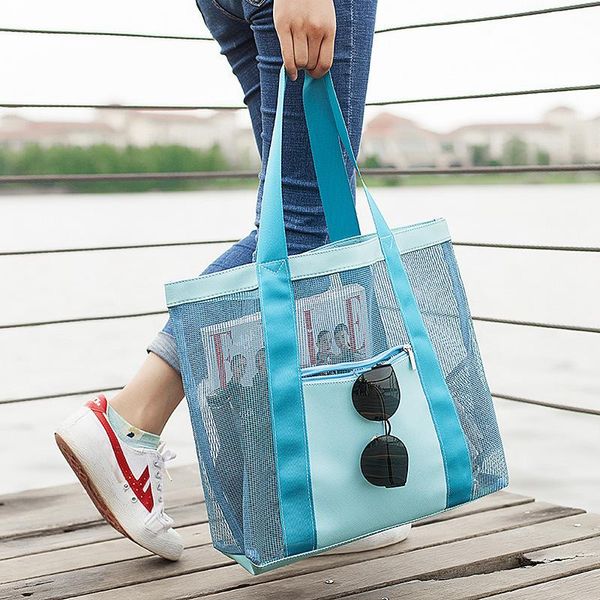 

cross body women clear mesh transparent bag large capacity travel summer beach shoulder bags female casual tote pink handbag for woman