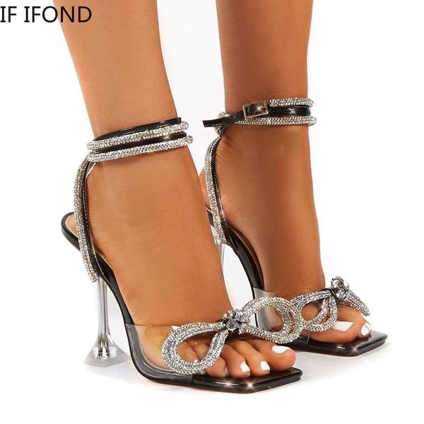 

dress shoes if ifond fashion bow crystal sandals women transparent pvc ankle strap high heel pumps woman square toe ladies, Black