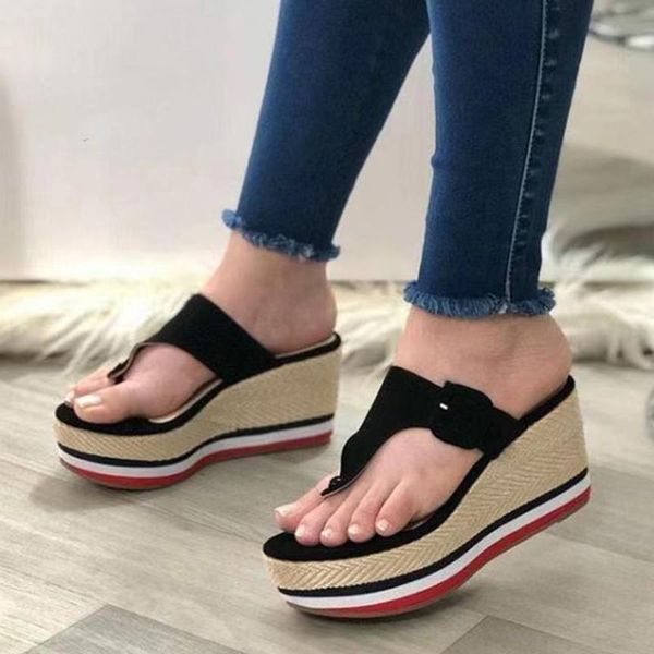 

sandals women 2021 high heels woman slippers platform wedges shoes ladies summer slides mujer buckle flip flops plus size 43, Black