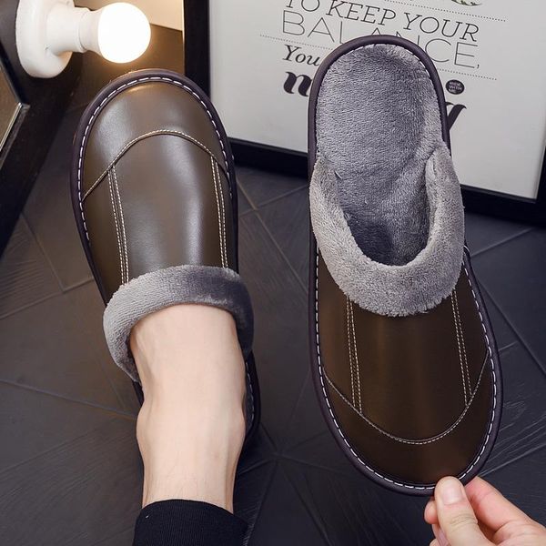 

men's and women's slippers indoor leather waterproof warm in winter, Black