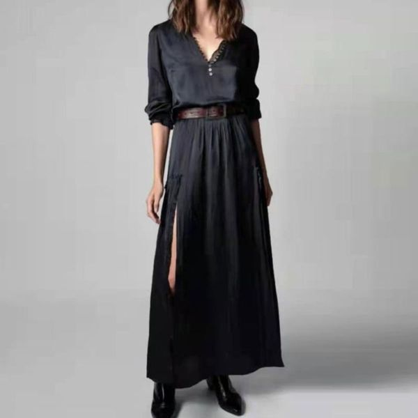 

casual dresses women dark blue slit dress v-neck ruffles 100% viscose buttons high waist female maxi robe, Black;gray
