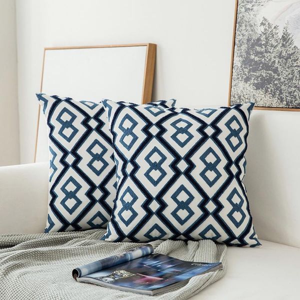 

cushion/decorative pillow home decor embroidered cushion cover navy blue/white geometric floral canvas cotton suqare embroidery 45x45cm