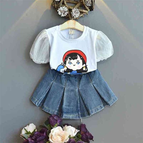 

gooporson fashion korean little girls clothing set cartoon printed lace sleeve shirt&denim shorts summer cute children outfits 210715, White