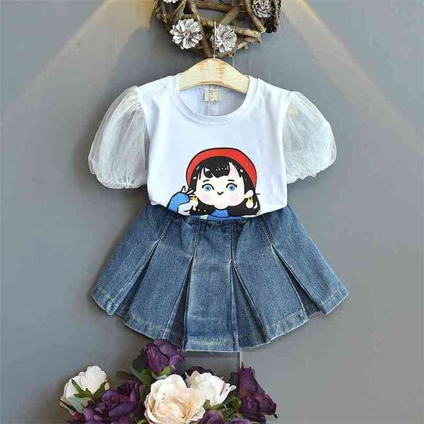 Gooporson Mode Koreanische Kleine Mädchen Kleidung Set Cartoon Gedruckt Spitze Hülse Hemd Denim Shorts Sommer Nette Kinder Outfits 210715