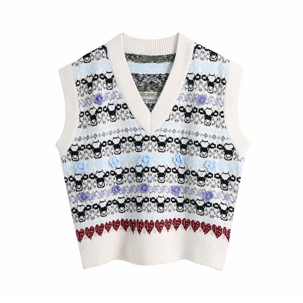 

flower jacquard knit vest sweater women v neck sleeveless vintage pullover female chic fitted knitted stripe 210524, White