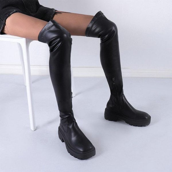 

boots zawsthia 2021 winter plain black goth punk soft pu leather women over-the-knee stretch platform chunky heels overknees