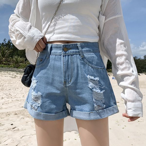 

women's shorts 2021 denim high waisted korean version loose and thin with holes, White;black
