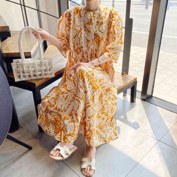 Sommer Damen Gelb Blumenkleid Koreanische Kleidung Vintage Print Nähte Spitze Halbarm Lose Grün Strand Feme Robe 210514