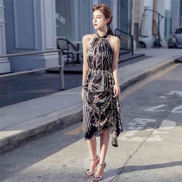 

set summer ladies' printed halter + split fashion skirt two-piece female 210416, White