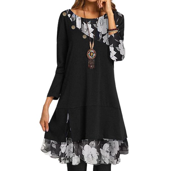 

casual dresses loose women o neck long sleeve floral print patchwork buttons mini a line dress, Black;gray