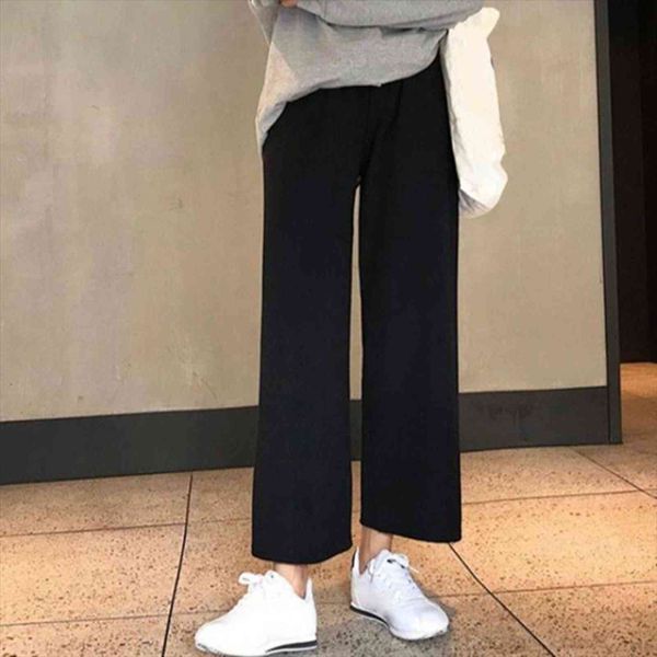 

wide leg autumn casual women capris high waist solid color student street female loose nine point, Black;white