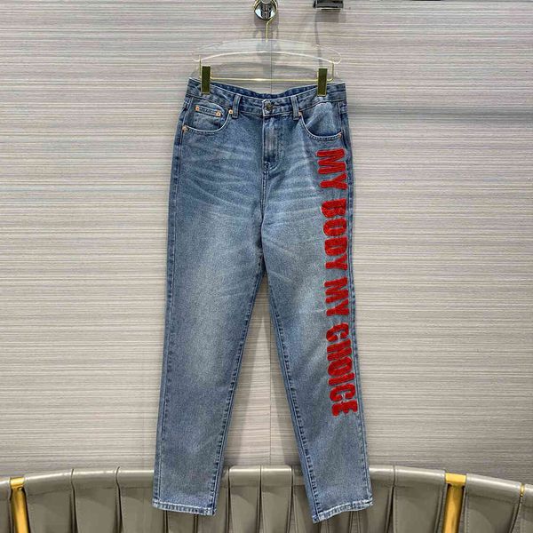 

jeans high-end runway design high waist blue women letters embroidery straight jeans trousers streetwear cool cotton denim pants