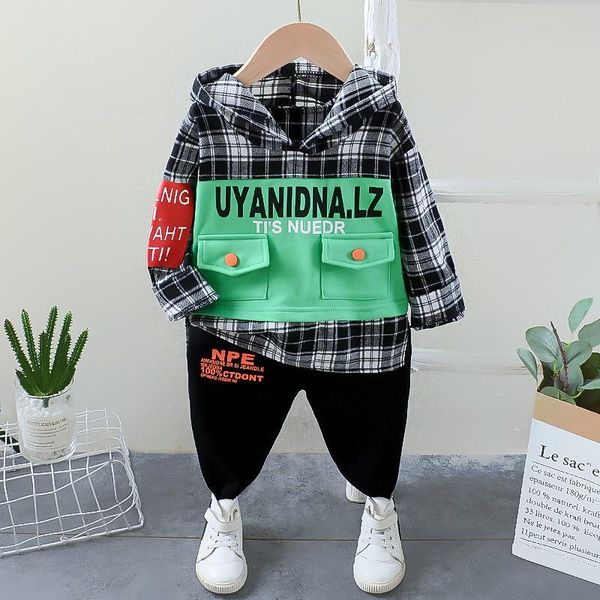 

clothing sets baby boy autumn suit children handsome patchwork letters plaid hooded sweater trousers 2pcs color matching clothes, White